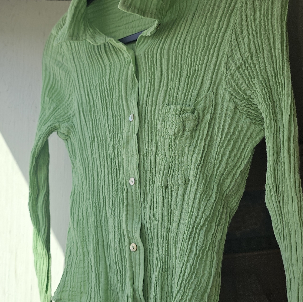Green %100 Linen Button-Up Shirt and Shorts Set - Picture 2 of 5